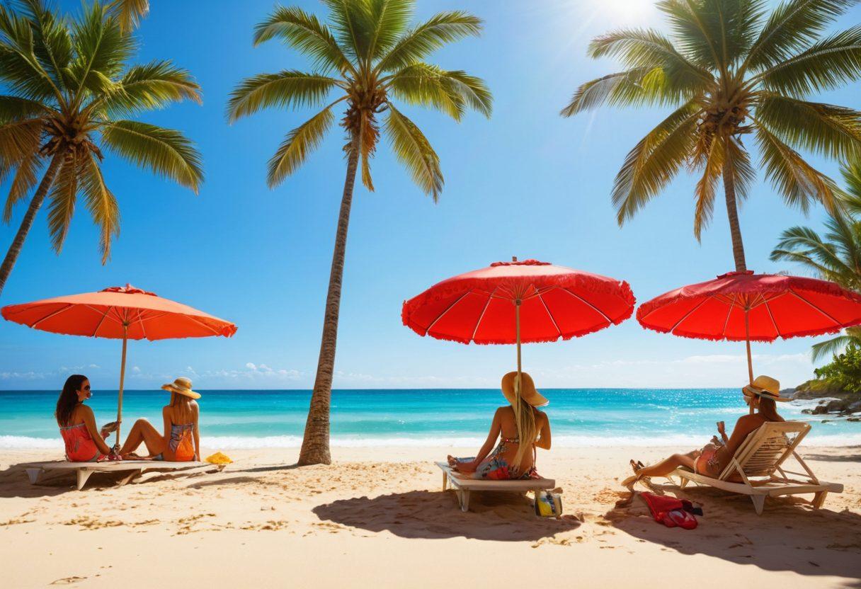 A vibrant summer scene featuring a diverse group of stylish people wearing chic beachwear and resort attire on a sandy beach, sun shining brightly, palm trees swaying in the background. Include colorful beach umbrellas and a sparkling ocean in the distance. Emphasize fashion accessories like sunglasses, hats, and beach bags. Capture a joyful atmosphere with a touch of elegance and fun. hyper-realistic. bright colors. tropical vibe.