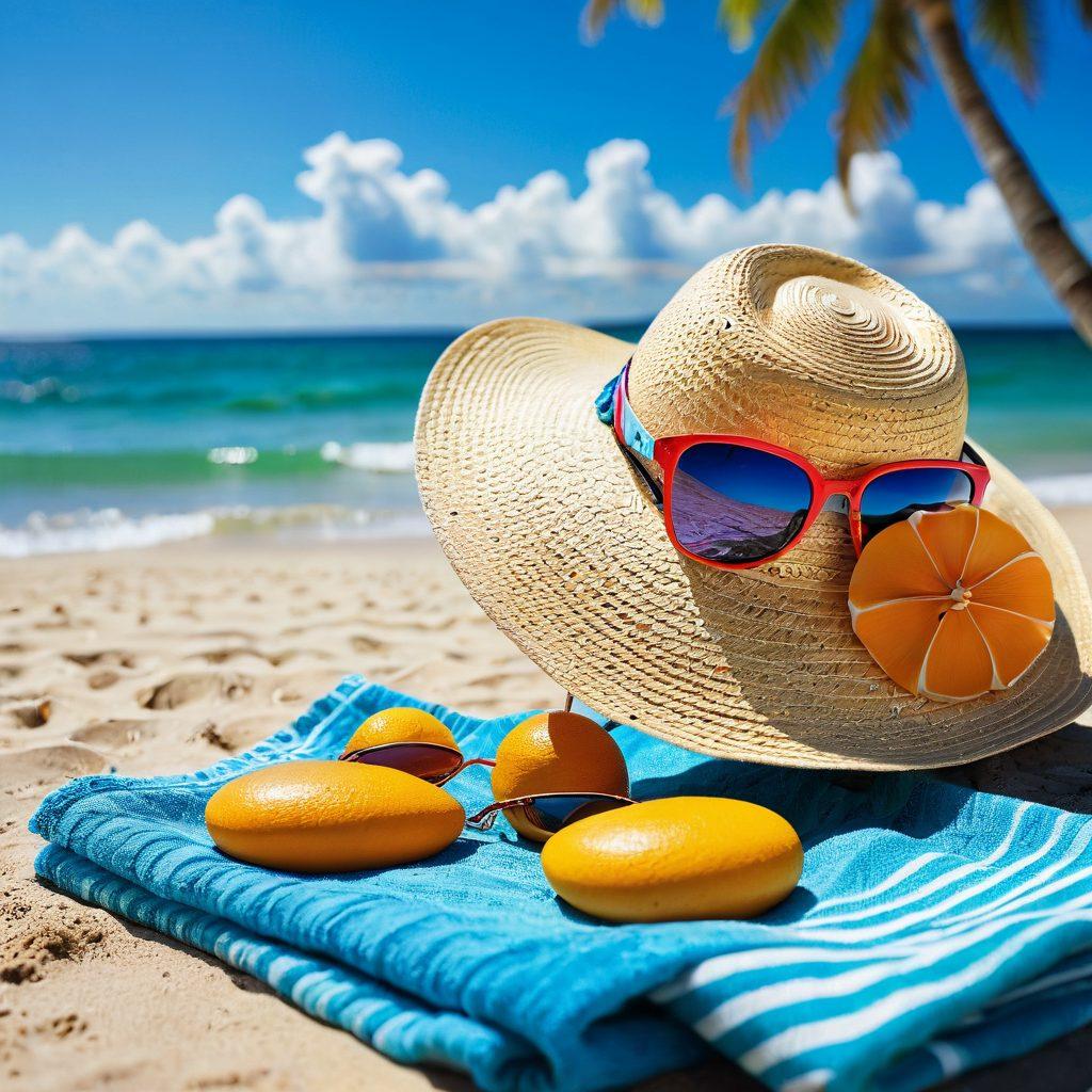 A sun-drenched beach scene featuring stylish beach accessories like a trendy sun hat, colorful beach towel, and chic sunglasses laid out next to a refreshing drink. In the background, soft waves lap at the shore under a bright blue sky with fluffy white clouds. Include vibrant beach umbrellas and sunbathers enjoying the sun for a lively atmosphere. super-realistic. vibrant colors. sunny ambiance.